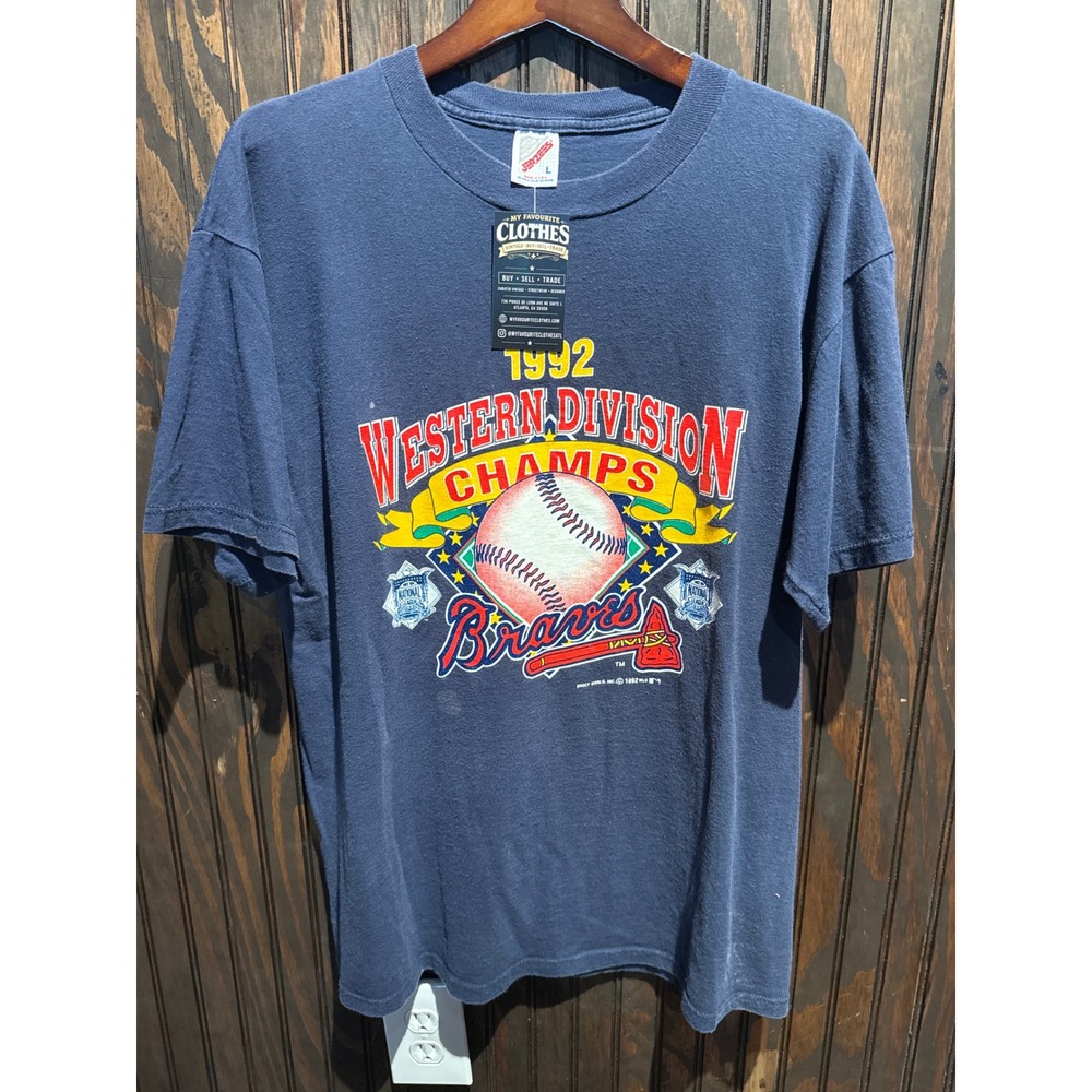 Vintage 1992 Atlanta Braves Western Division Champs T-Shirt Jerzees Navy Large